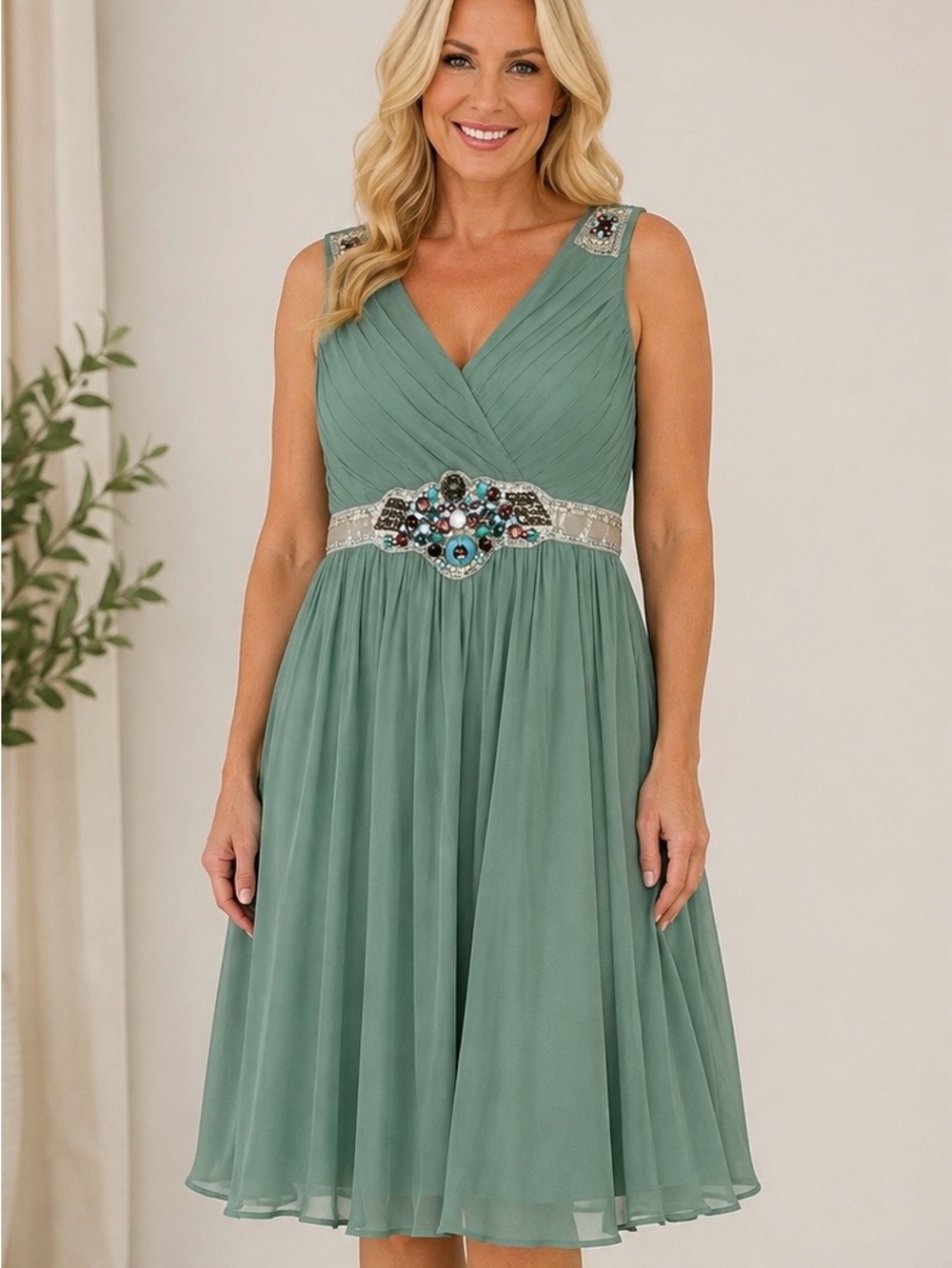 Newport News MIDI Dress Size 18 Sage Green V-Neck Embellished Waist & Shoulders
